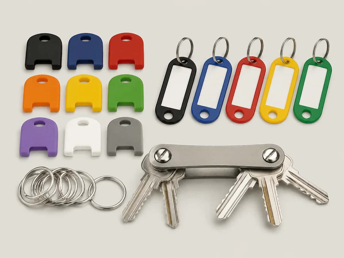 Capas coloridas, etiquetas, argolas e organizador metálico de chaves
