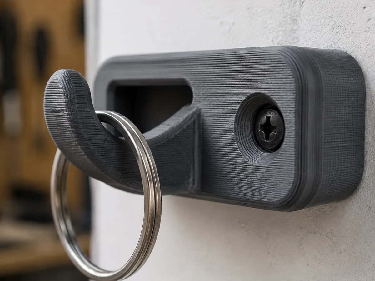 Detalhe ilustrativo das camadas, gancho reforçado e ponto de fixação de um suporte impresso em 3D